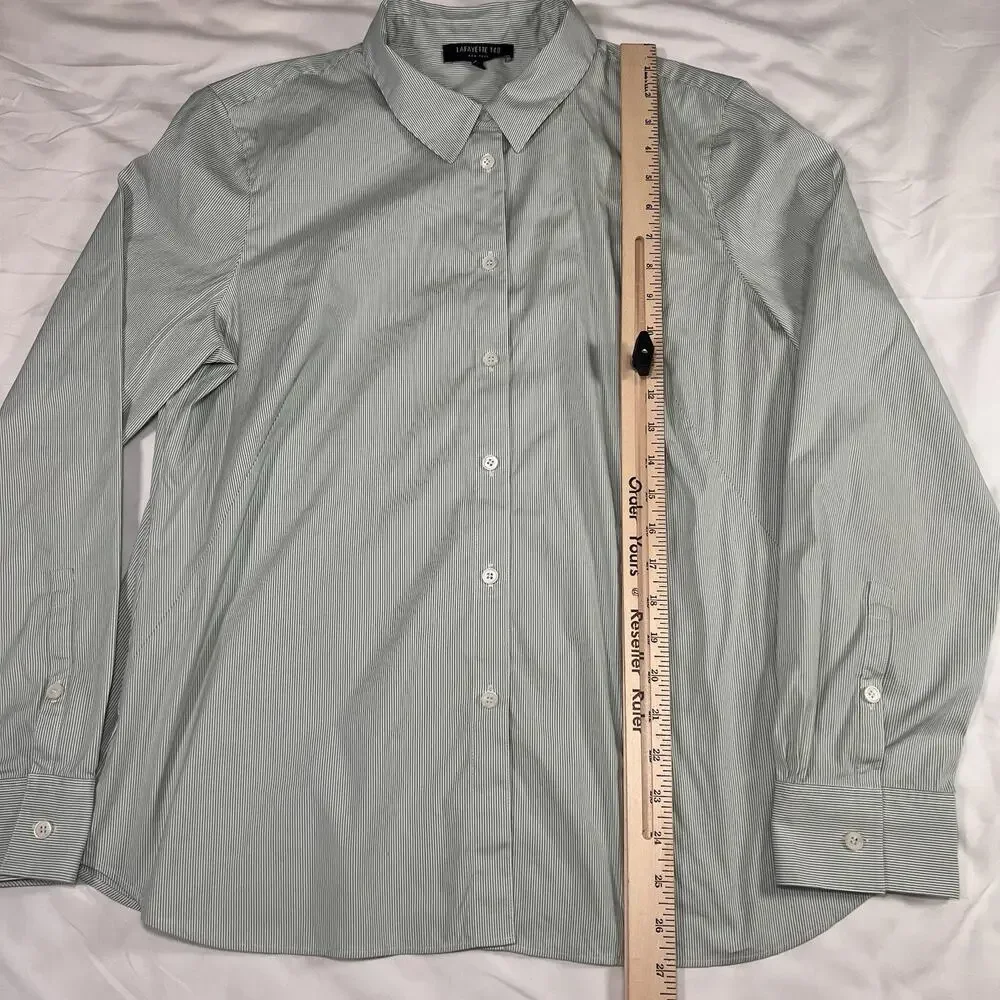 Lafayette 148 New York Shirt Womens Size 14 Green Stripe Button Front Top Blouse - Picture 8 of 14